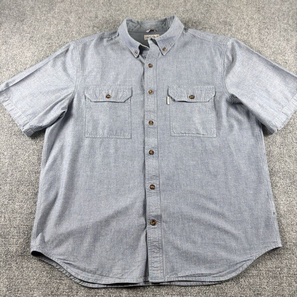 Carhartt Shirt Mens XL Blue Chambray Work Shirt Relaxed Fit Short Sleeve